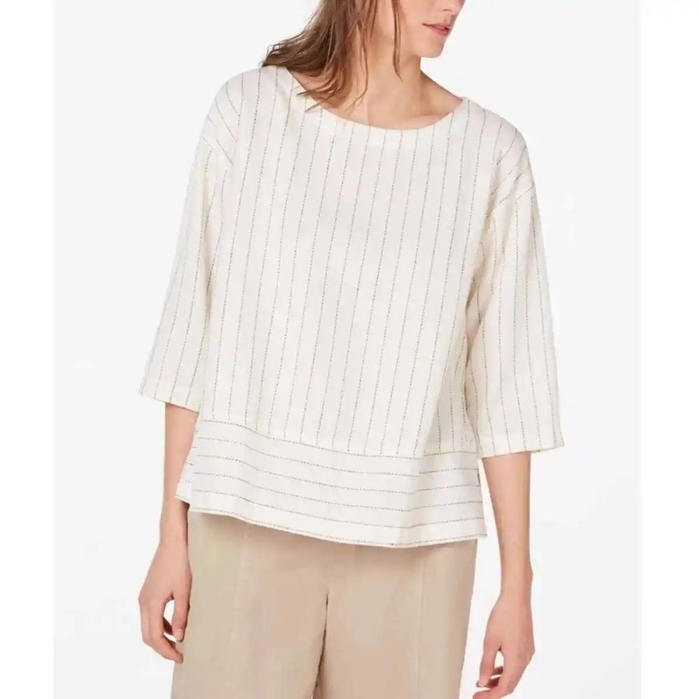Eileen Fisher Organic Cotton Ivory Pinstripe 3/4 Sleeve Top Size Small